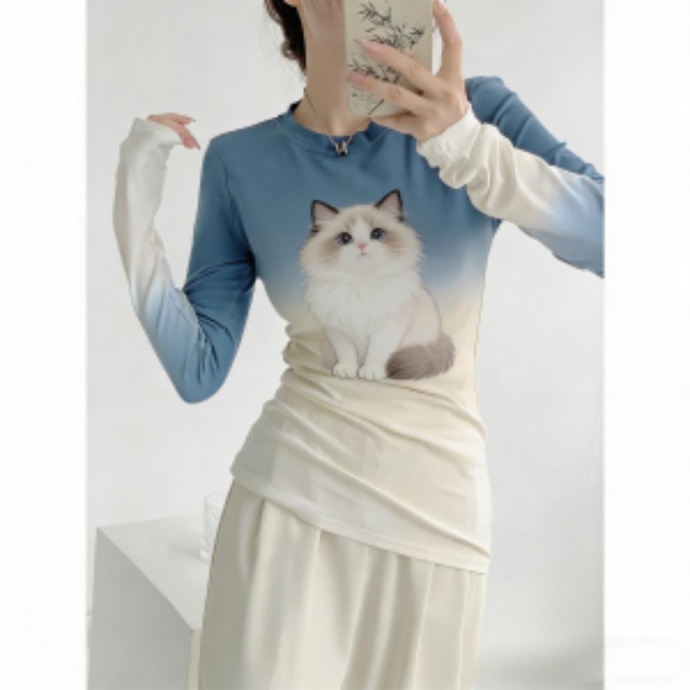 Spring Europe America Cat Leopard Print Fashion Women's T-shirt Pullover Women Long Sleeve Clothing Outdoor Casual Tees Top
