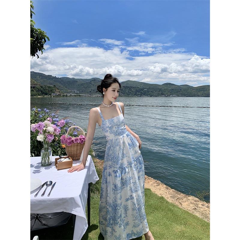 French Backless Suspender Blue Floral Dress Seaside Photo Vacation Dress Back Bow Dress Women's Summer