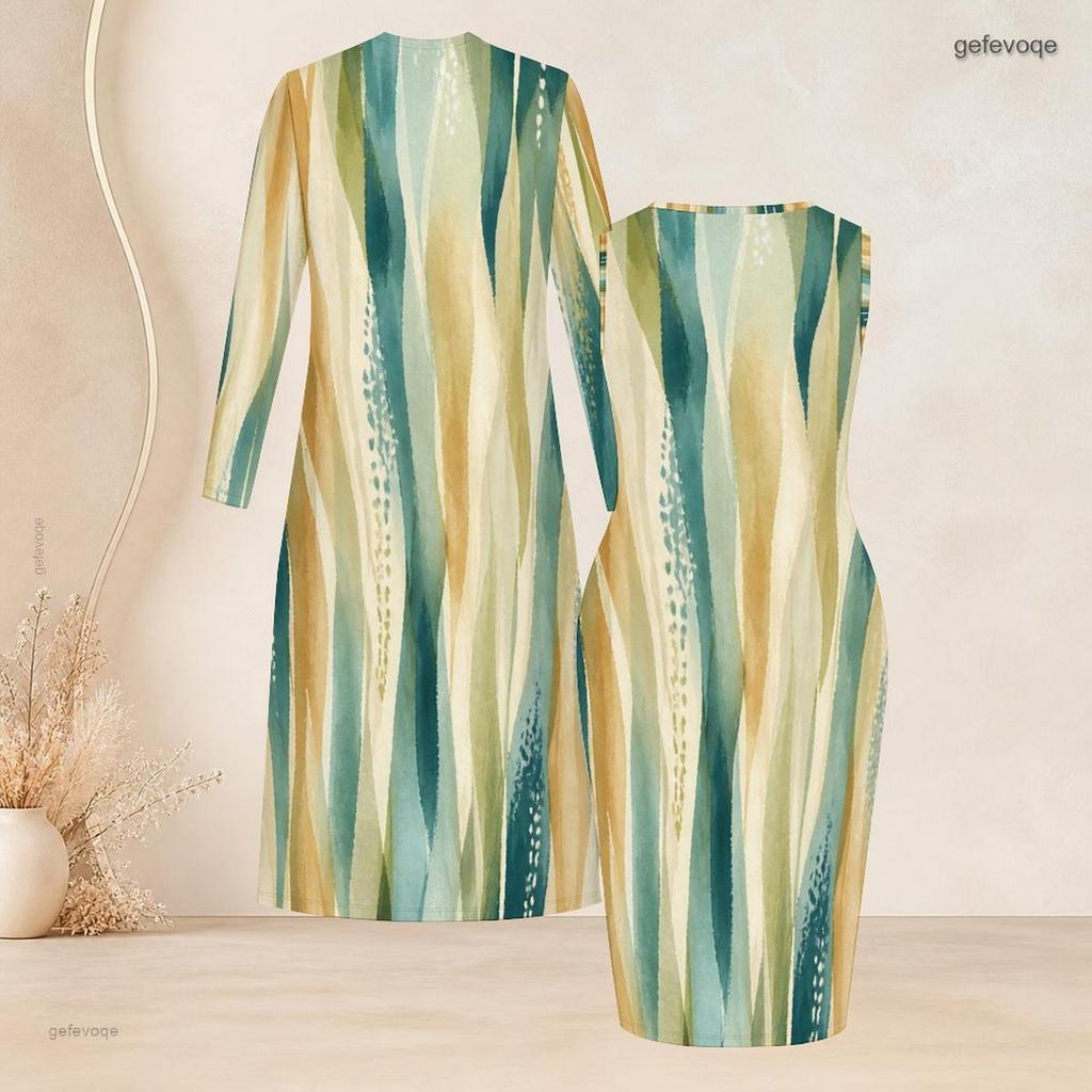 Women Plus Size Dark Blue Printed Two Piece Set Sleeveless Bodycon Dress Long Sleeve Open Front Cardigan