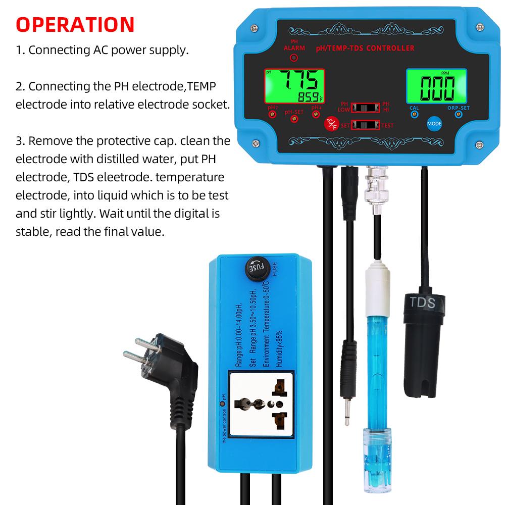 3 In 1 pH/TDS/TEMP Meter PH-2826 Detector pH Controller with Electrode BNC Type Probe Water Quality Tester for Aquarium