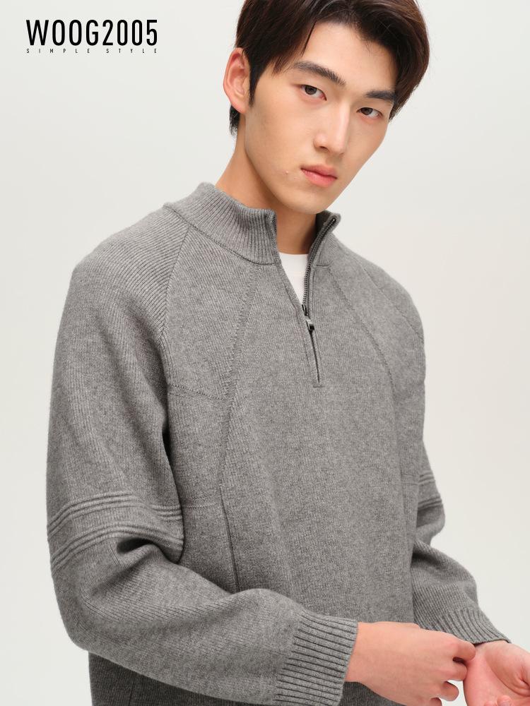 WOOG2005 Grey Half-Zip Stand-Up Collar Men's Knit Sweater - Winter 2025 Style
