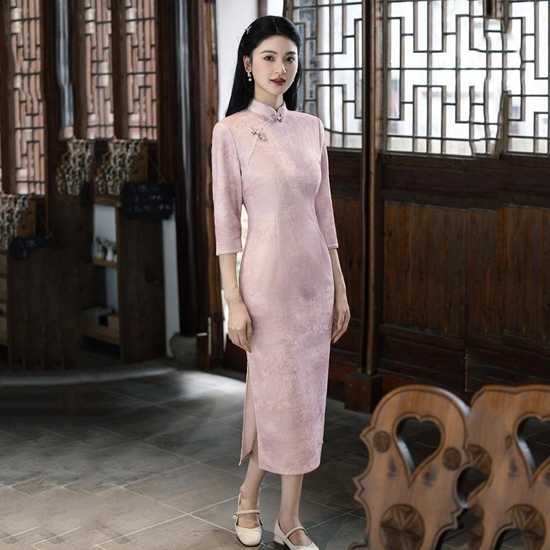 Pink national style Chinese long autumn long-sleeved cheongsam improved young women s retro slim waist spring and autumn S