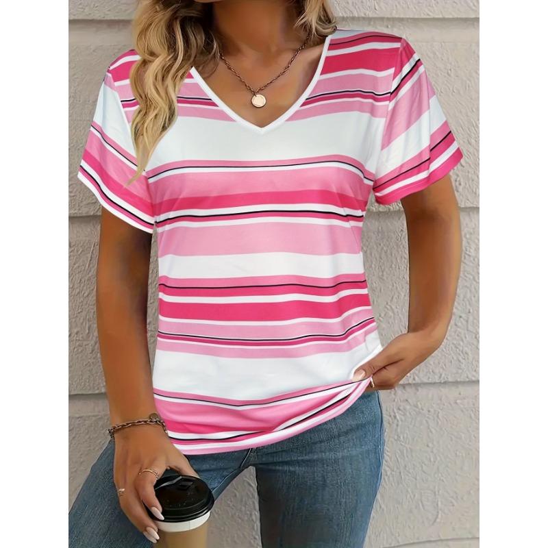 Fashion Colorful Stripe T-Shirts  Print New Women's Casual Short Sleeve V-Neck  Tees Harajuku Tops Female Clothing
