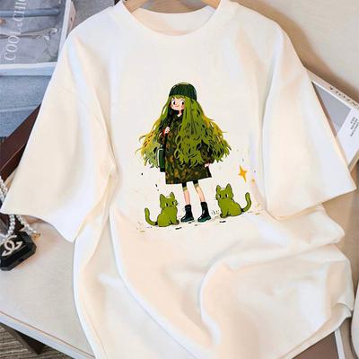 Cartoon Girl Pure Cotton Short-sleeved T-shirt for Women In Summer New Loose Large Size Bottom Missing Half-sleeved Top