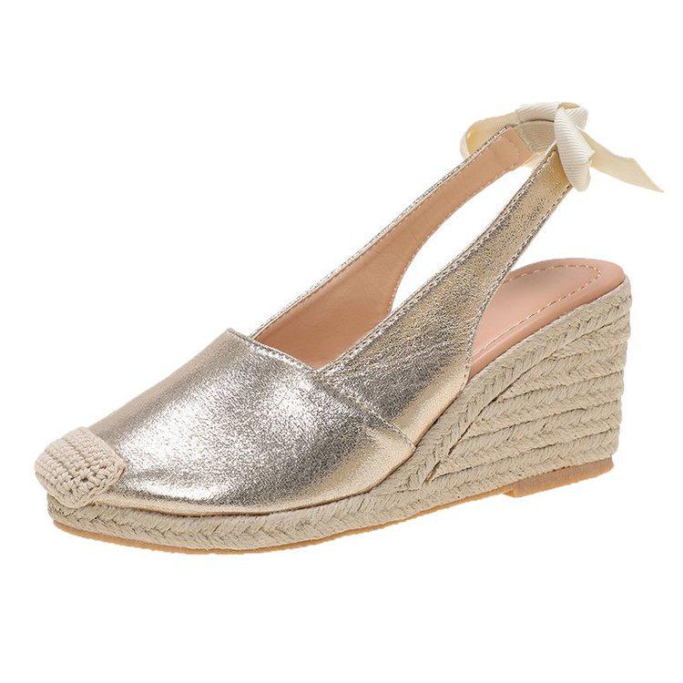 European & American Snakeskin Pattern Jute Wedge Women's Closed-Toe Backless Summer Sandals, Plus Size High Heel Shoes