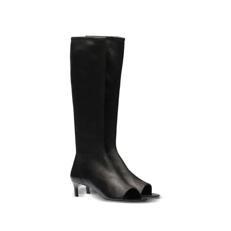 Fashion Ladies Spring and Summer New Slim Heel Pinch Toe Knee Length Cool Boots Fashionable Side Zipper Mid Length Women's Boots