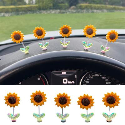 2/5ks Třpytivá hlava Slunečnice Dekorace do auta Lepidlo na palubní desku Auto Středová konzola Žlutý květ Ornament Panenka Hračka Figurka Vánoční dárek