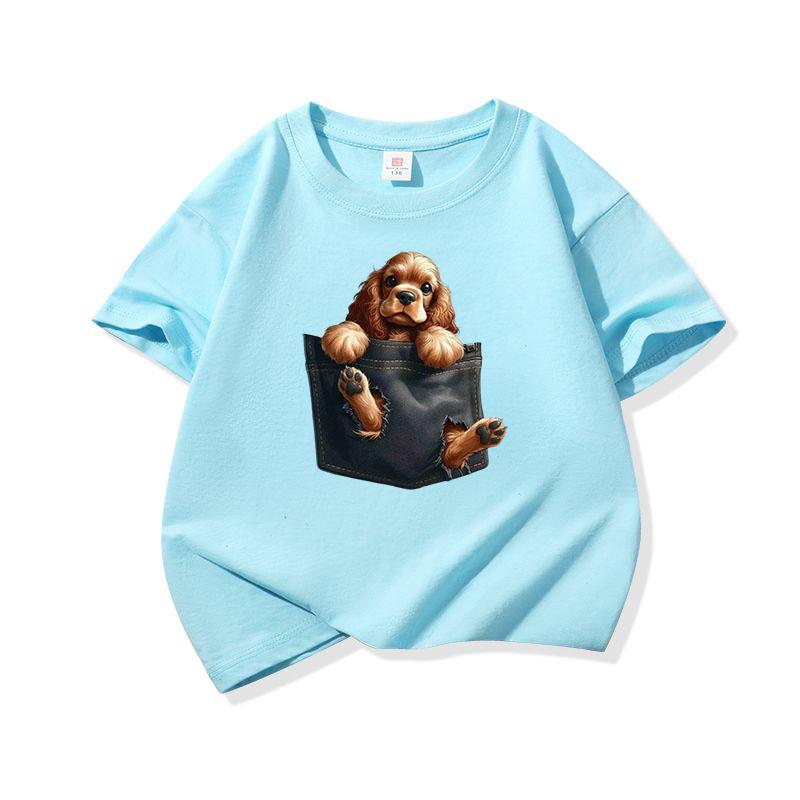 Kids Cotton T Shirt Charming Pocket Cocker Spaniel Dog Print Crew Neck Short Sleeve Tee Casual Breathable Boys Girls Summer Tops