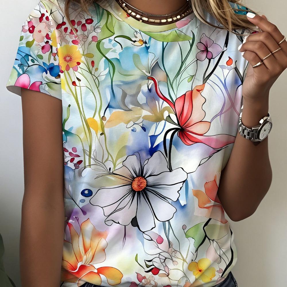 Summer soft light floral pattern round neck T-shirt