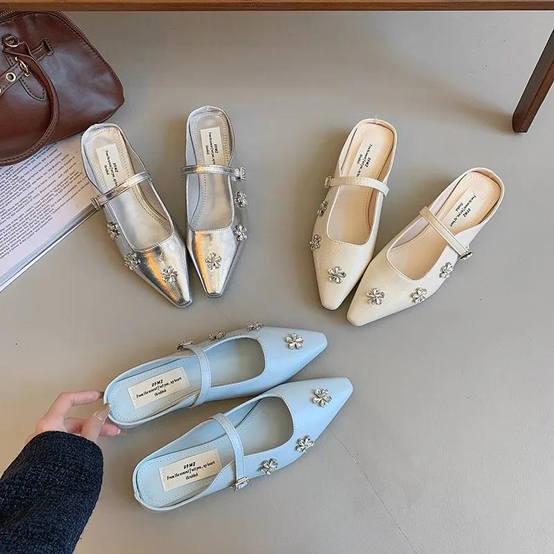 Fashion New Spring French Rhinestone Mary Jane Half Slippers Block Heel Women's Shoes Baotou Cold Slippers Korean Edition Single Shoes
