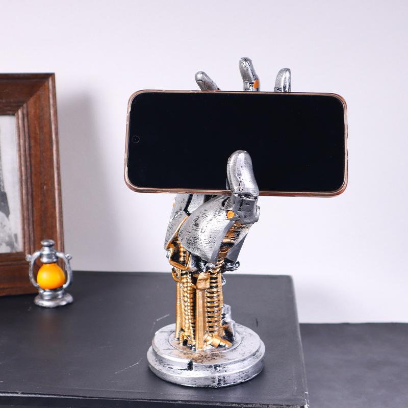 Cyberpunk Mechanischer Arm Harz Roboterhand Skulptur – Headset & Gamepad Handyhalter, Schreibtischdekoration