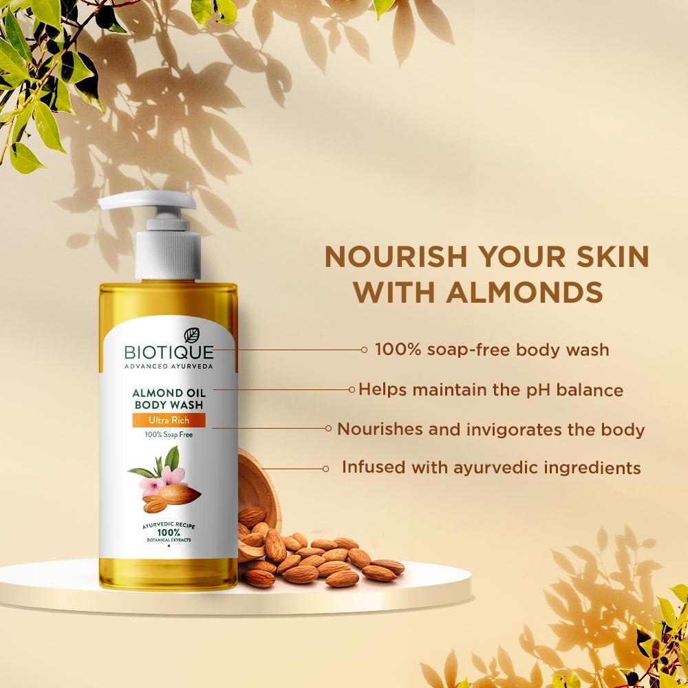 Biotique Almond Oil Body Wash 300ml, Ultra Rich Gel for Dark Spot Removal & Even Skin Tone, All Skin Types