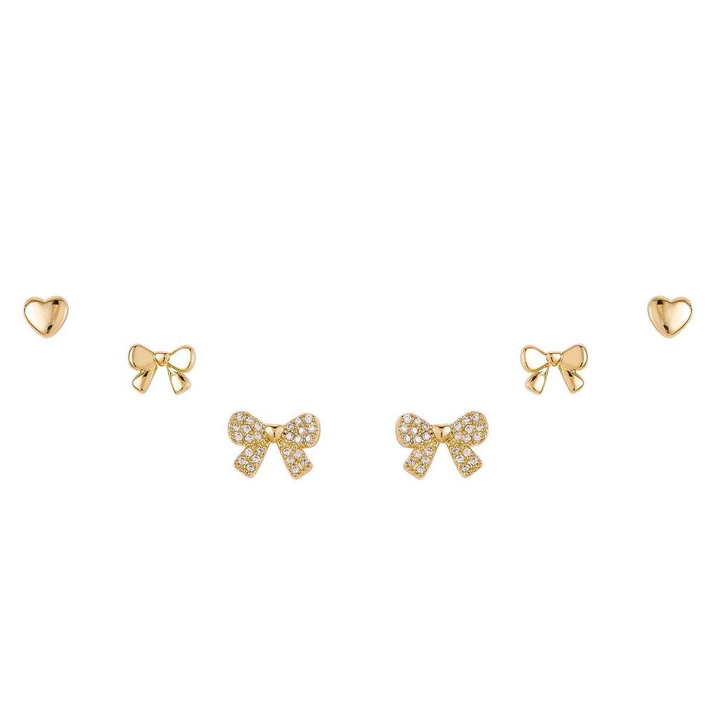 Exquisite Diamond Heart Bow s925 Silver Stud Earrings Set - Sweet & Delicate Three-Piece Collection