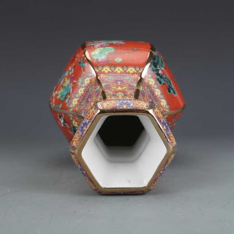 Qianlong Enamel Orange Flower And Bird Hexagonal Vase Antique Jingdezhen Porcelain Home Chinese Decoration