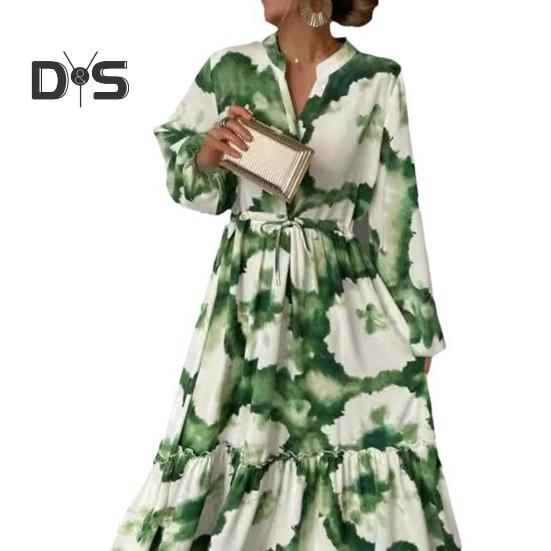 Spring Fall Dress V Neck Shirring A-line Big Swing Full Length Slim Waist Lantern Sleeves Ruffle Artistic Color Matching Print Prom Cocktail Party