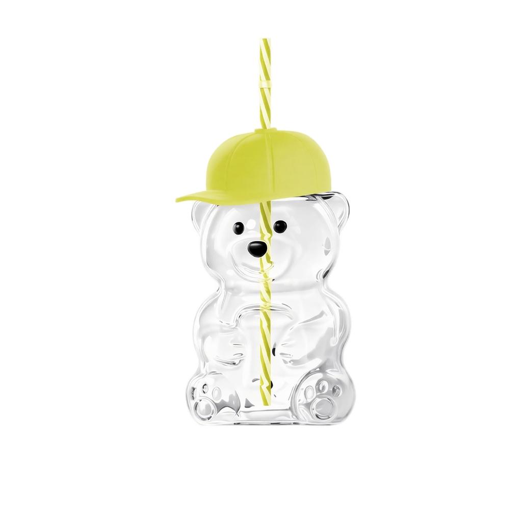 Bear Shaped Drinking Glass with Baseball Cap Lid and Reusable Straw BPA Free Plastic Cup for Kids and Adults Novelty Beverage Container