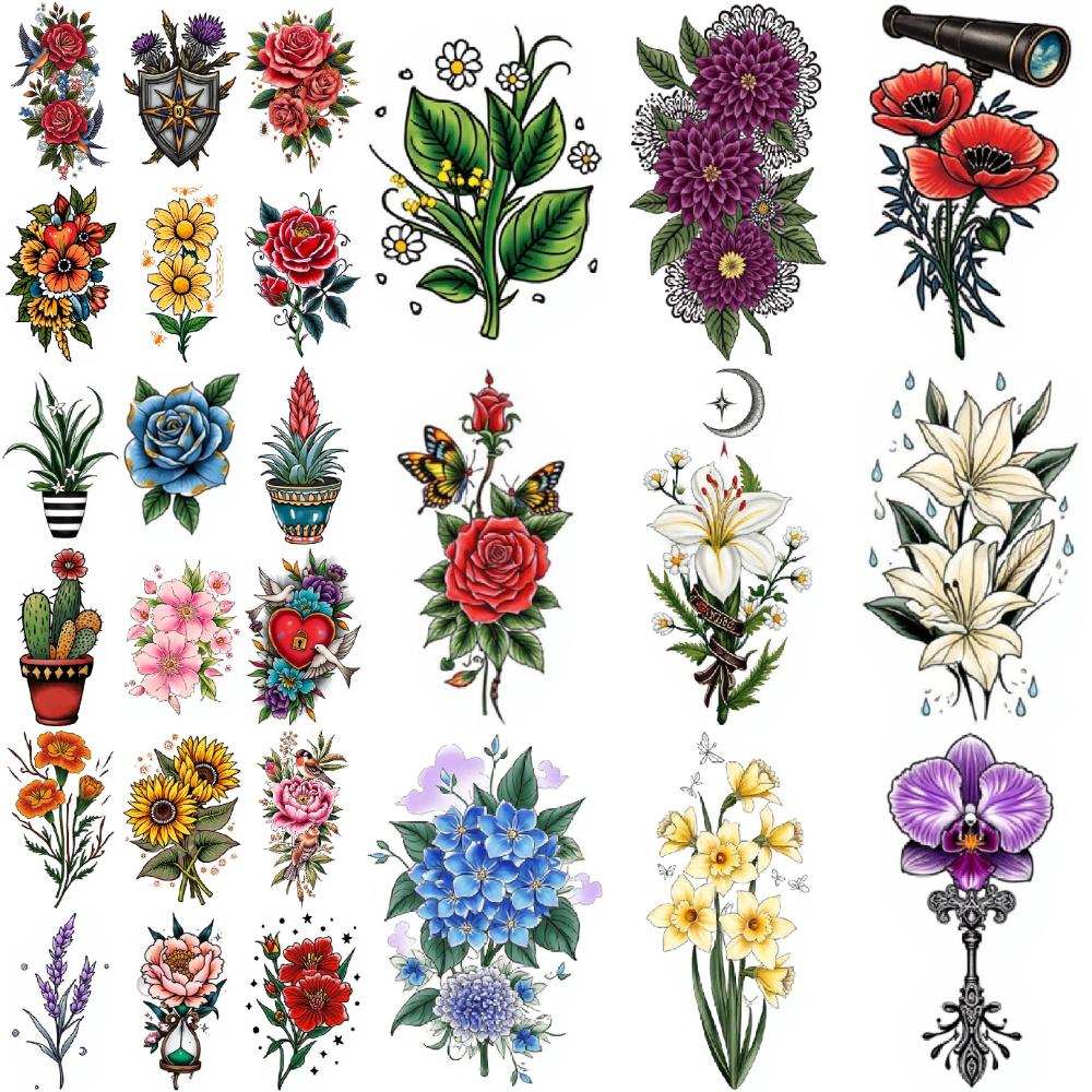 28 peças de Tatuagem Temporária New School Tradicional Cacto em Vaso Rosa Azul Orquídeas Roxas Para Braços Ombros de Mulheres