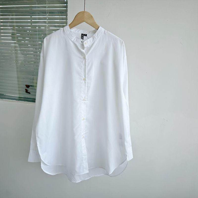 

T2-52 Рубашка Стойка Воротник Однобортная Однотонная Повседневная Свободная Приталенная Элегантная Подходит ко всему Удобная Минималистичная Длинный рукав D25-3 White LL