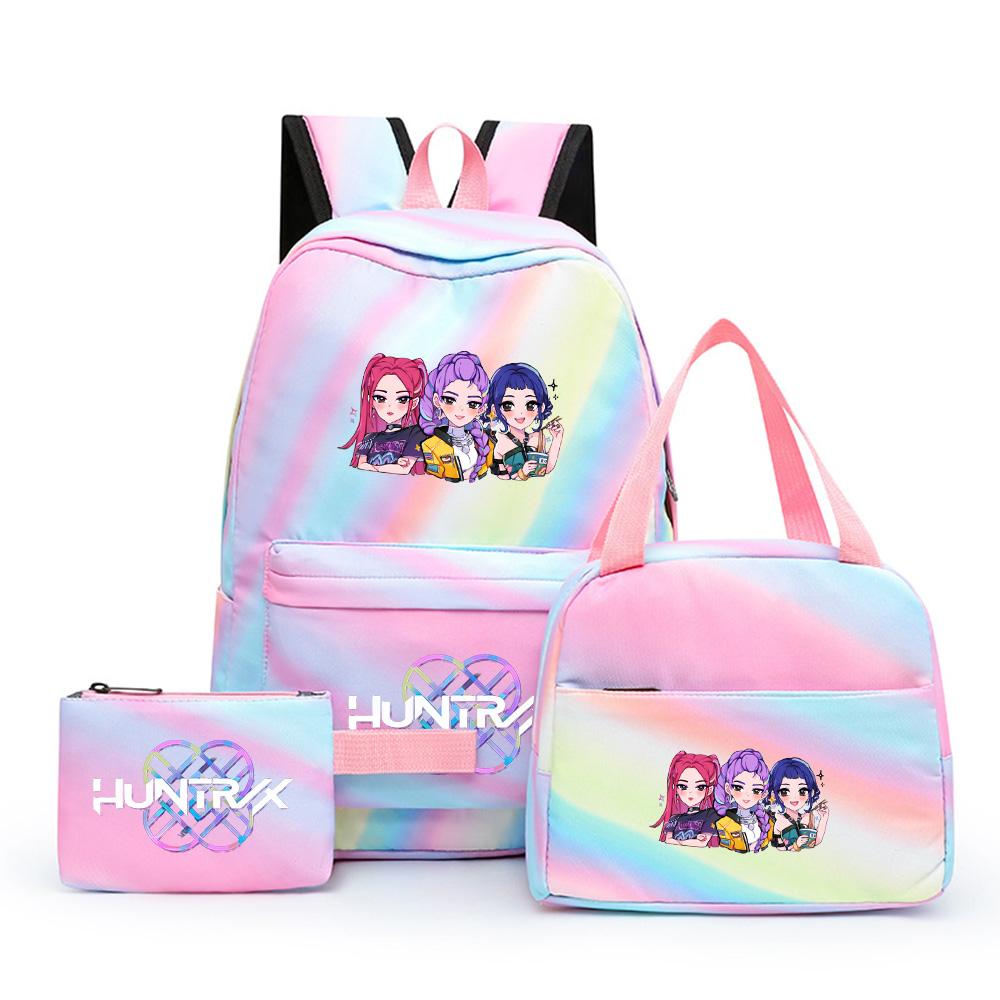 3 st/set Anime Söt Kpop Tryckt Ryggsäck med Matlåda Pennfodral för Tonårsflicka Pojke Bokväska Stor Kapacitet vattentät Resväska Barnpresent