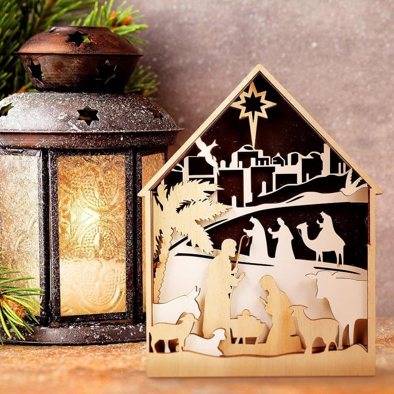 Wooden Christmas Nativity Scene Dining Table Decoration Farmhouse Holiday Layered Tray Decoration Home Decoration