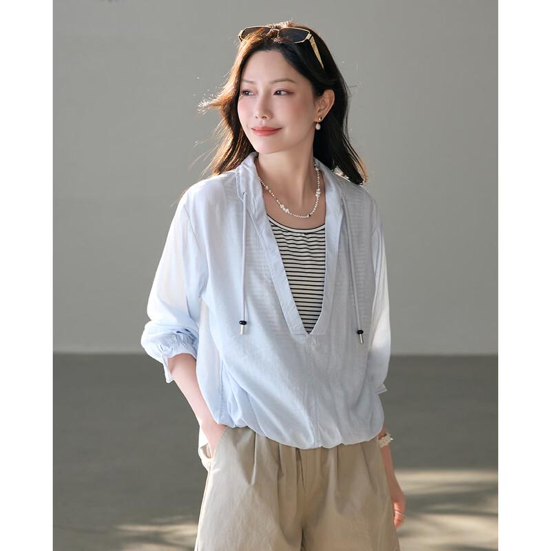 TERRE BLEUE Women's Loose Fit Striped Hooded Pullover Shirt