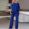 Damen Zweiteiliges Lockeres Hosen-Set Batwing Halbsleeve Chiffon Oberteil Hohe Taille Weiter Bein Hosen Elegantes Party-Kombinations-Outfit
