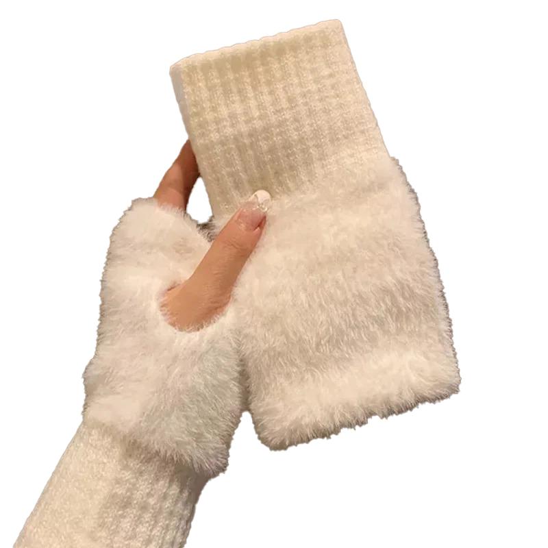 Soft Winter Half Finger Gloves Women Warm Solid White Plush Knitted Fingerless Gloves Wrist Mittens Writting for girls Students
