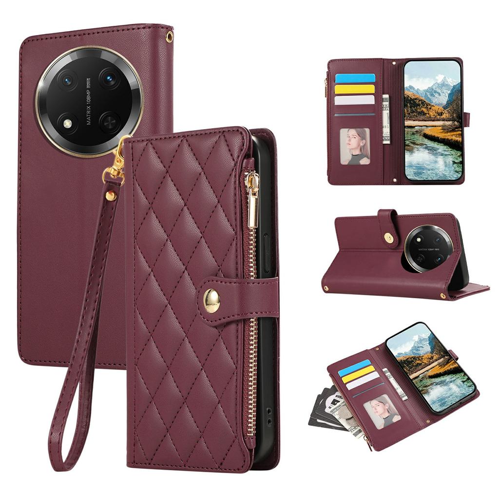 Phone Case For Honor X60 Pro 5G/X9c 5G/Magic7 Lite 5G Multi Card Slots Zipper Rhombus Leather Cover with Wrist Strap