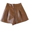 Damen Herbst Doppelte Knöpfe PU-Leder Shorts Locker Schlankmachend A-Linie Weites Bein Hoher Bund Außenbekleidung Lässige Hosen Mini Shorts