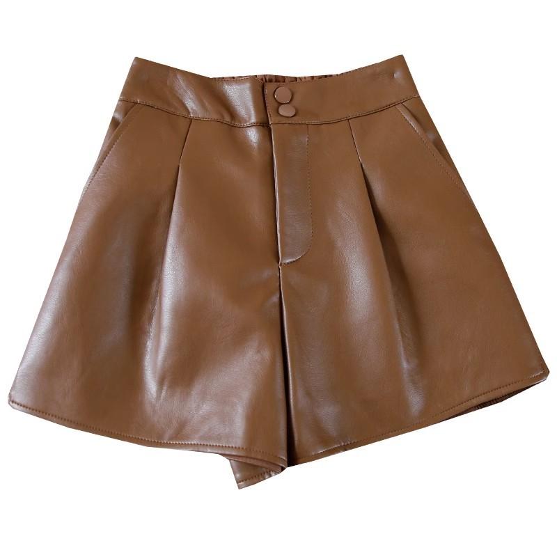Damen Herbst Doppelte Knöpfe PU-Leder Shorts Locker Schlankmachend A-Linie Weites Bein Hoher Bund Außenbekleidung Lässige Hosen Mini Shorts