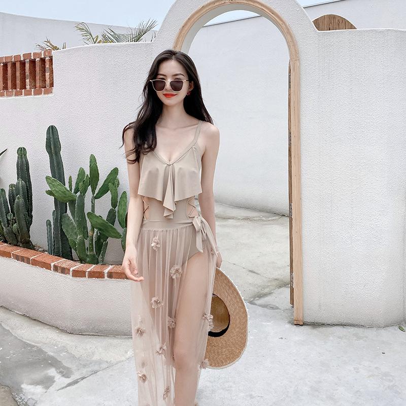 2025 Korean Style Women's One-Piece Swimsuit - Slimming, Conservative, Belly-Concealing, Small Chest Support, Sexy Solid Color Design