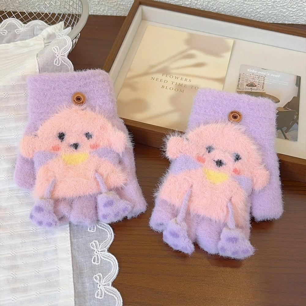 Thick Warm Cartoon Convertible Gloves Polyamide Bear Flip Top Gloves For Students