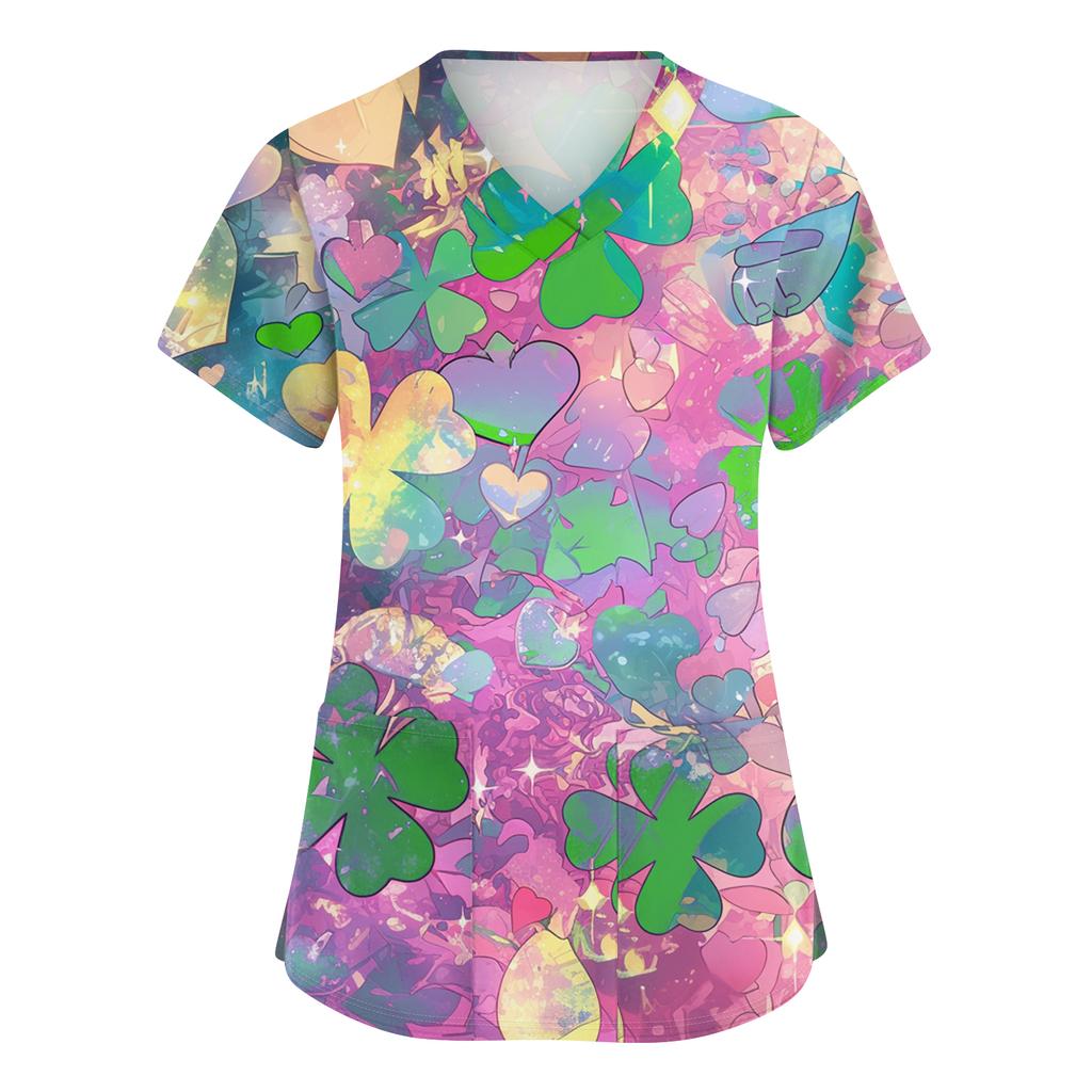 Ladies' St. Patrick Print Fashionable V-neck Pocket Short Sleeved Uniform And Caregiver Top