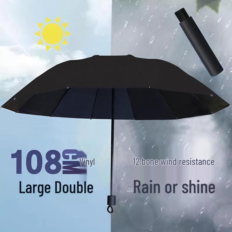 Yu Zhong Dual-Use Large Folding Umbrella for Men & Women, Sun & Rain Protection, Black Glue Shade, Perfect Gift.