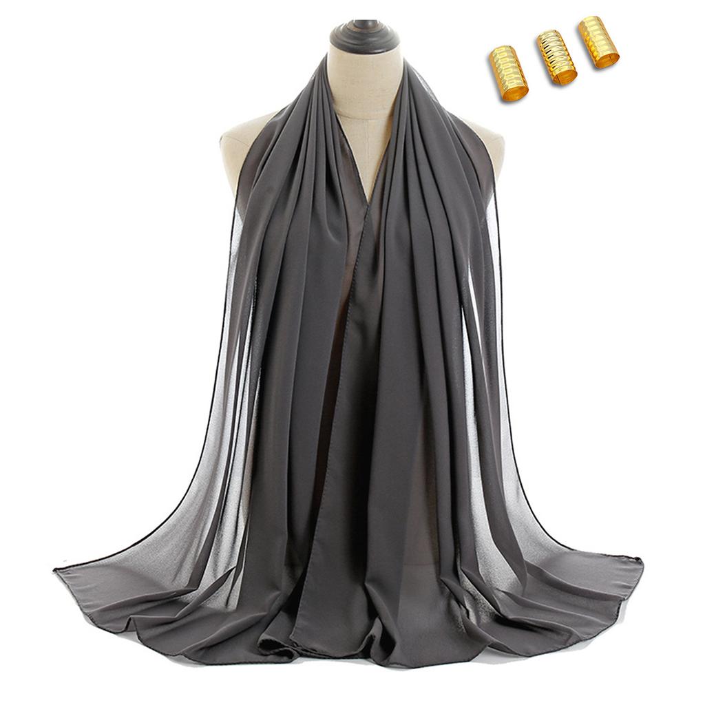 Solid Chiffon Hijab With Scarf Buckle Set Muslim Woman Hijabs Shawls Soft Islimic Turban Headband And Metal Hollow Buckle Set