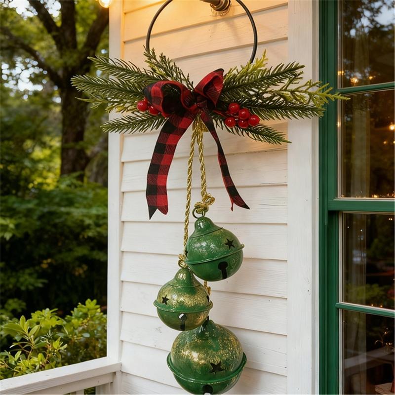 Metal Jingled Bells Christmas Hanging Ornaments Metal Bells Cluster with Tartans Ribbon for Mantels and Entryway Displays
