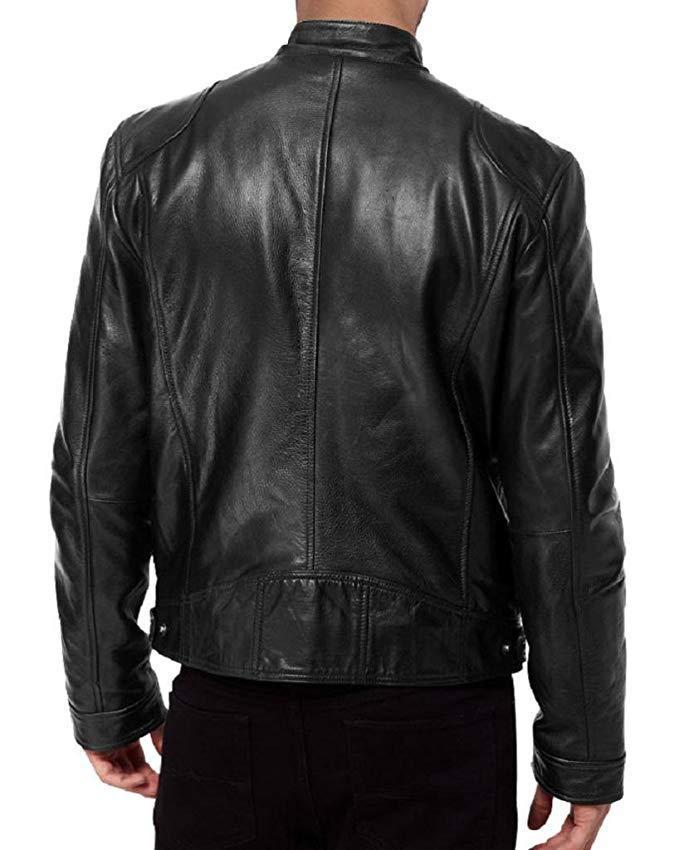 European & American Style Men's Stand-up Collar Leather Motorcycle Jacket with Logo