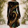 Women s Criss Cross V Neck Long Sleeve Printed Dress Black Blue Green Mandala Curved Hem