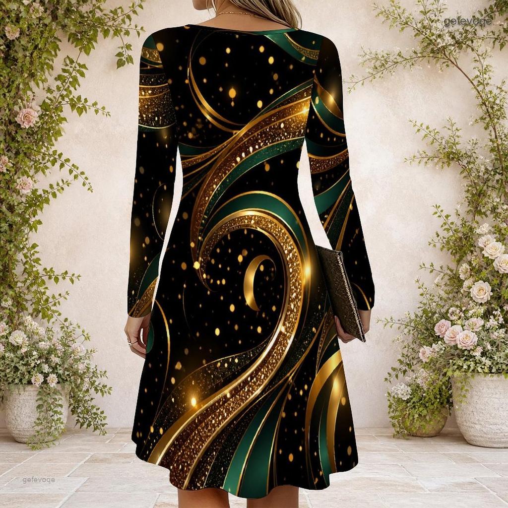 Women s Criss Cross V Neck Long Sleeve Printed Dress Black Blue Green Mandala Curved Hem