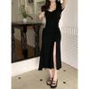 Slim-fitting square neck short-sleeved pleated dress, high-end temperament women's summer sexy fish tail split long dress wholesale