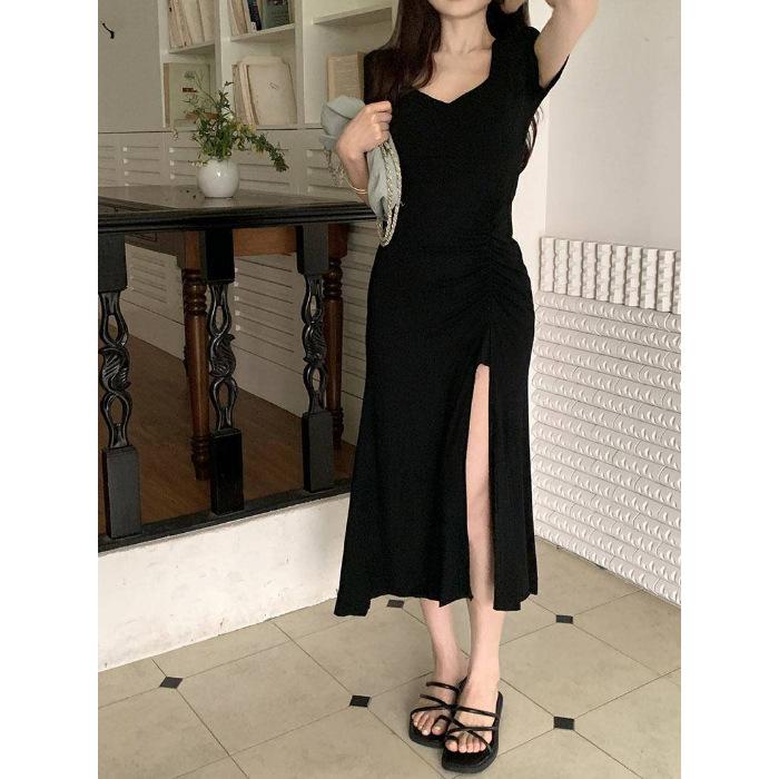 Slim-fitting square neck short-sleeved pleated dress, high-end temperament women's summer sexy fish tail split long dress wholesale