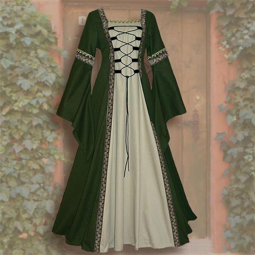 Abito Maxi da Donna a Maniche Lunghe con Scollo Quadrato, Vestibilità Aderente, Costume Storico Medievale Rinascimentale Vintage