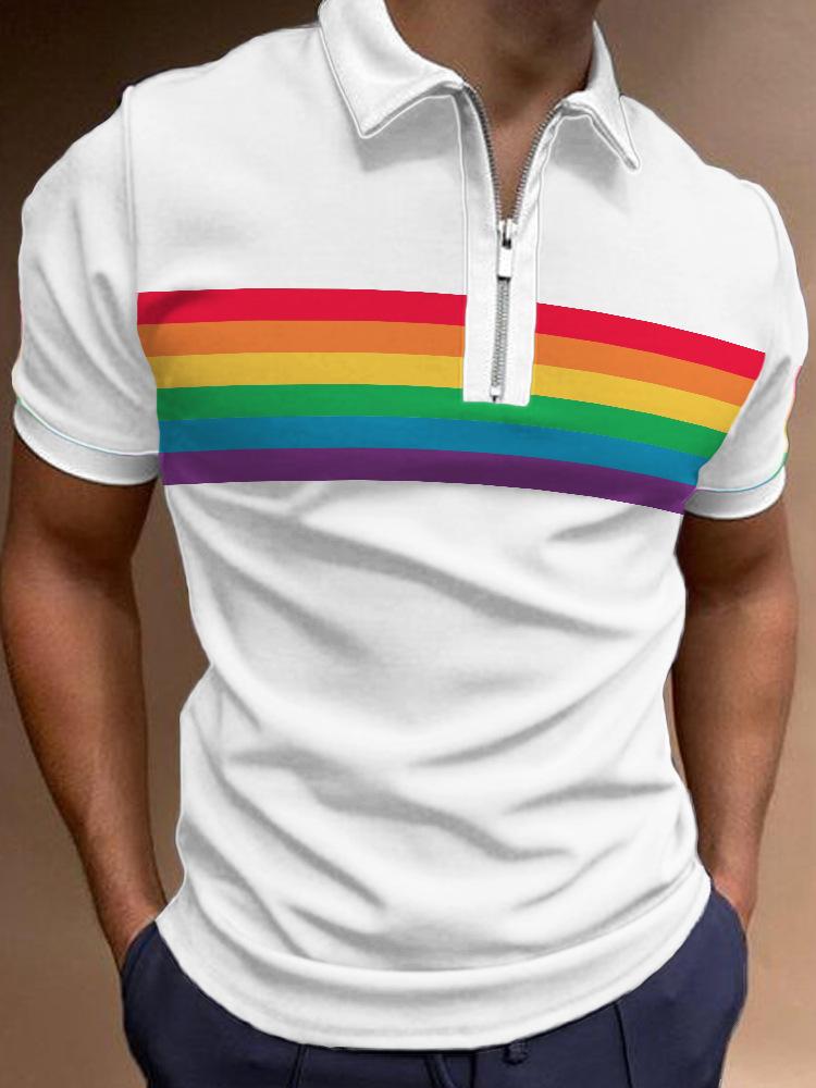 Modern Short-sleeve Zip-up Polo Shirt, Stylish Geometric Design for Casual Wear.