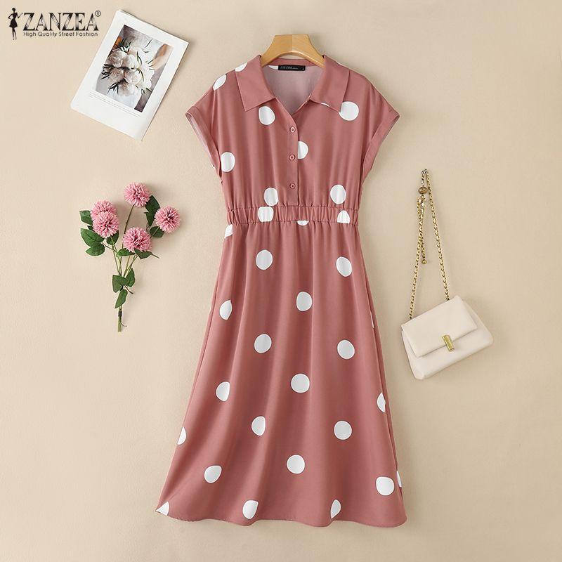 ZANZEA Women Casual Turn Down Collar Loose Short Sleeve Polka Dot Print Dress