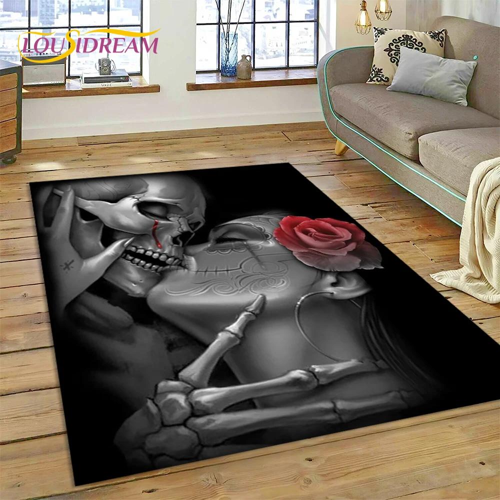Skull Dead Girl 3D Gothic Horror Female Rose Rug Carpet for Living Room Bedroom Decor,Non-slip Decoration for Sofa Doormat Gift