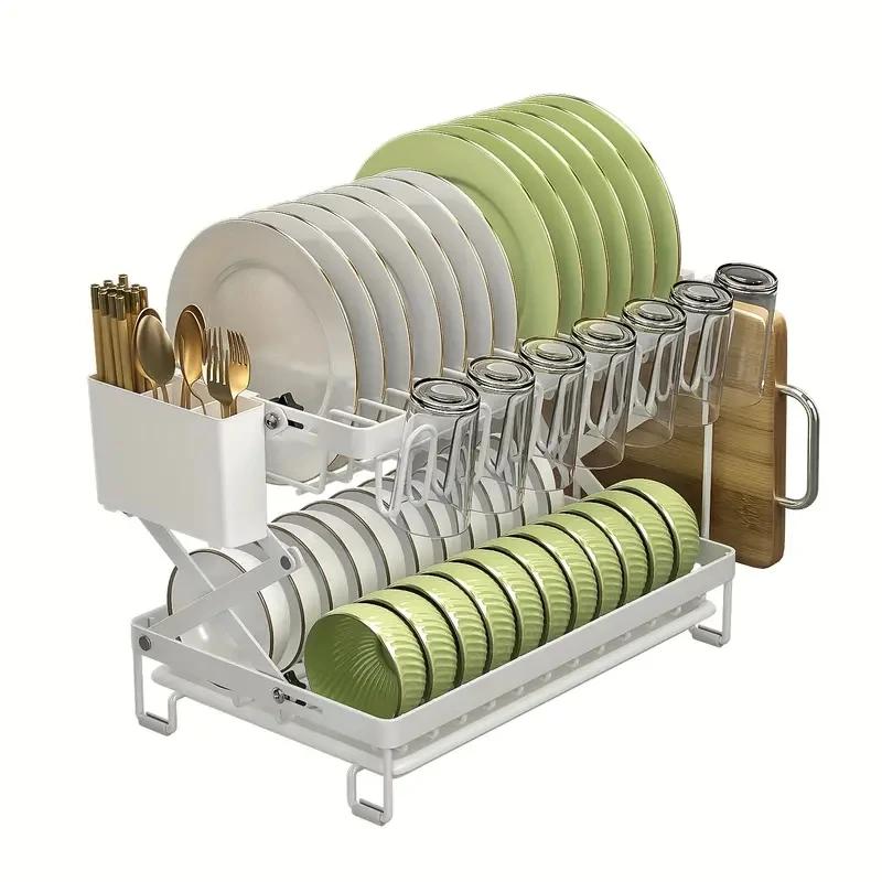 

2-Tier Foldable Dish Storage Rack with Drip Tray, Countertop Kitchen Organizer, Easy to Install Plate & Bowl Drying Shelf 2-tier білий