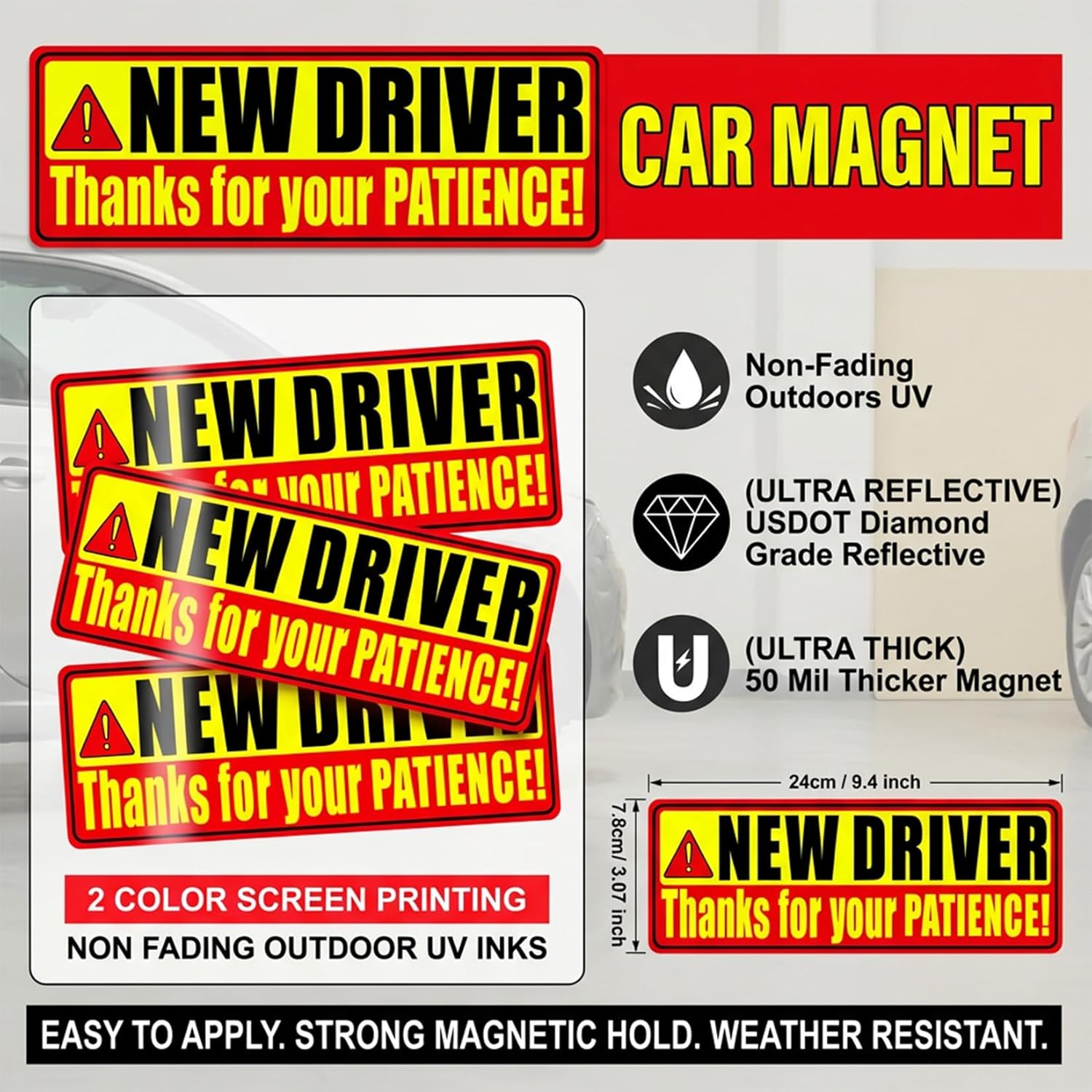 PSLER 3 Pcs New Driver Magnet for Car - Student Driver Car Magnet Funny Be Patient Student Driver Safety Warning Rookie New Driver Boys Girls Gifts