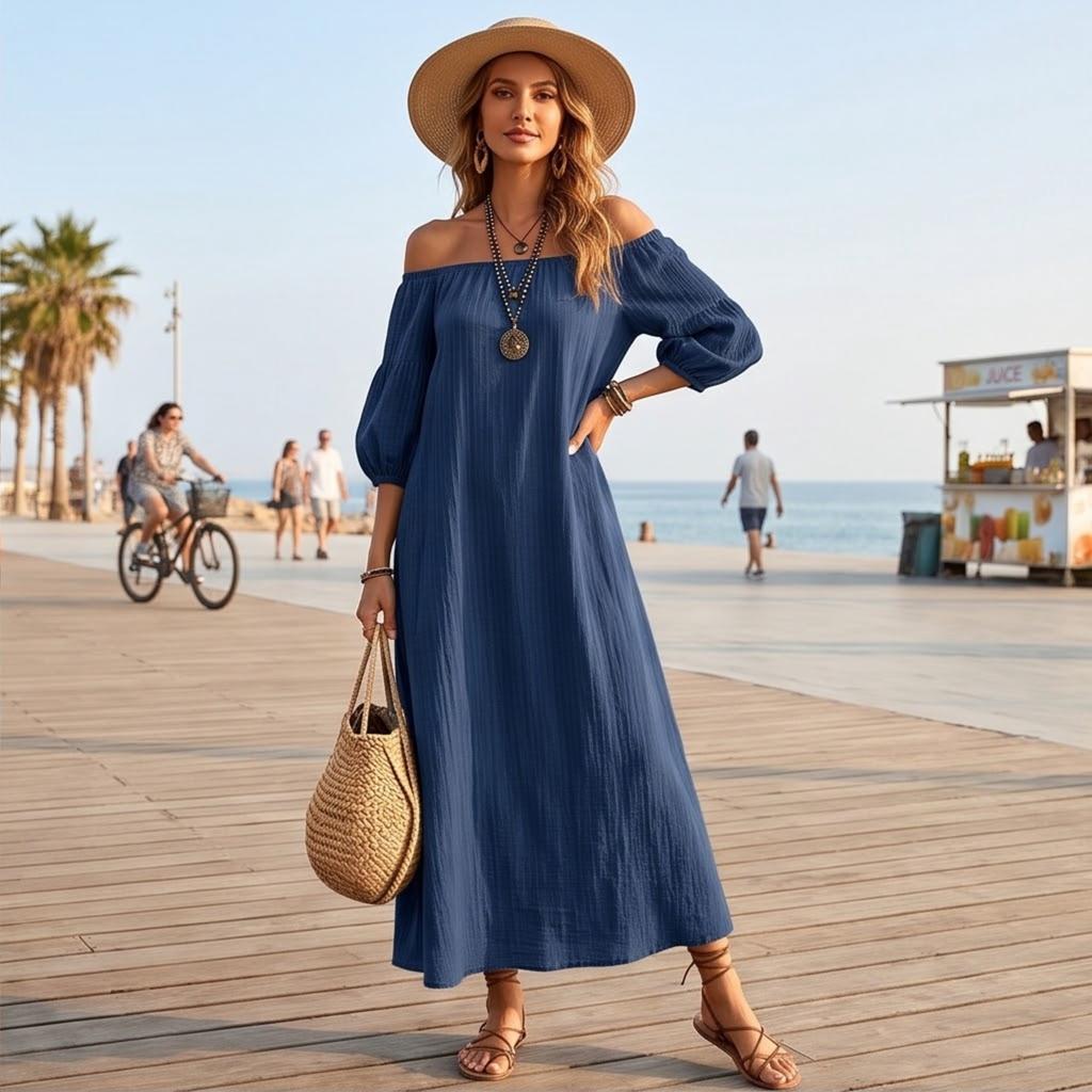Women's Off-the-Shoulder Neck Puff Sleeve Dress, Color Elegant Casual Dress