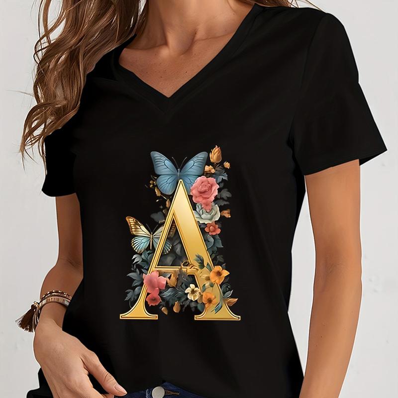 Women Tshirts AZ 26 Alphabet Flower Vintage Design Premium Tshirt Vintage Butterfly Flower 26 English Alphabet Summer Tshirt