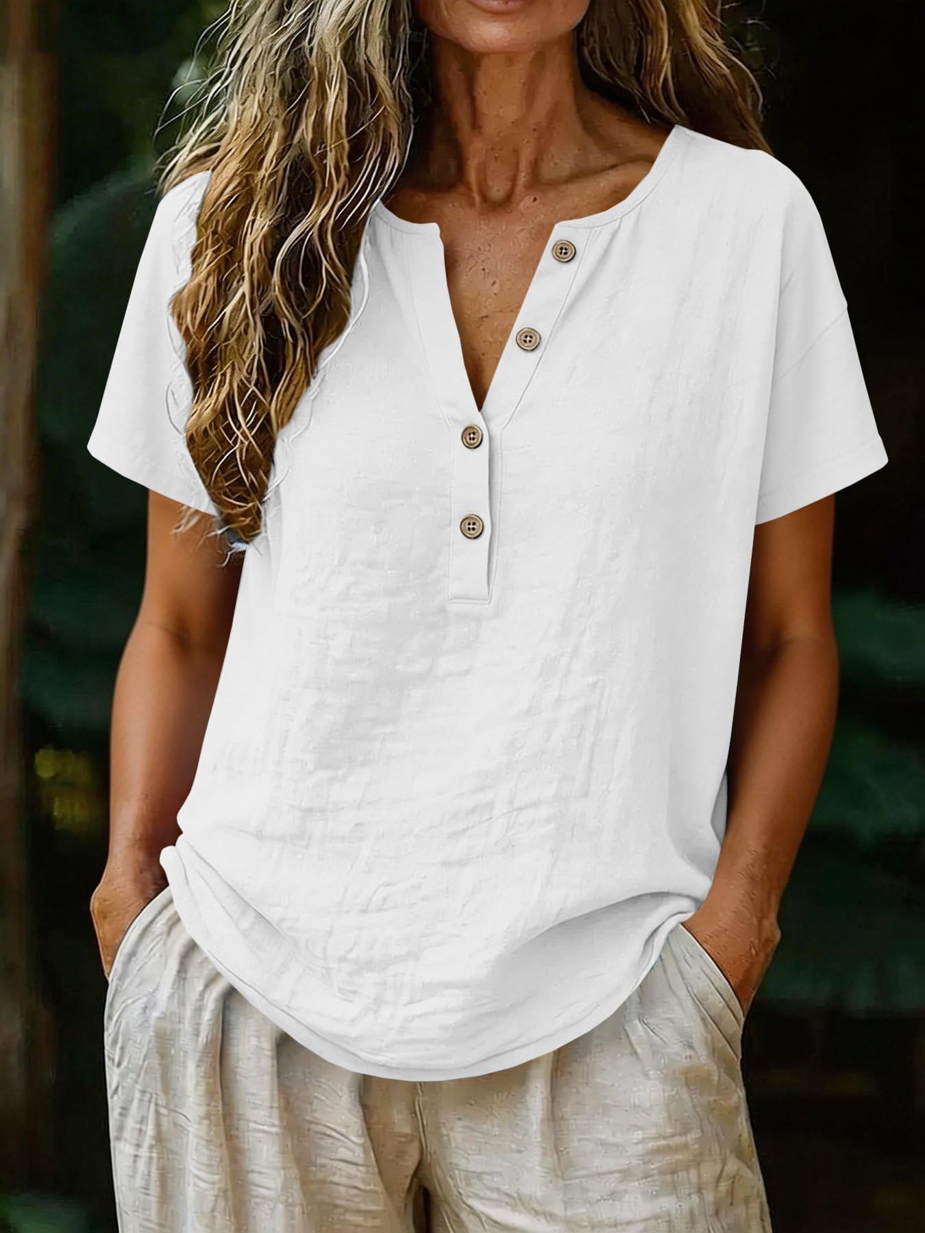 

Women s Loose-Fit Fashionable Cotton-Linen Short-Sleeve V-Neck Button-Down Blouse XL білий